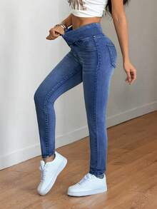 SHEIN PETITE Spring To Summer Women's Elastic Waist High-Stretch Comfortable Pre-Washed Denim Fabric Women's Gym Casual For Women Skinny Casual Jeans - Light Wash - View 7