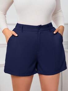 SHEIN Essnce Plus Size Casual Versatile Solid Color Shorts High Waist Shorts Tailored Shorts Navy Blue Shorts Elegant Shorts Shorts For Women - Navy Blue - View 3