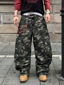 Manfinity EMRG 男士时尚休闲宽松阔腿牛仔裤，多口袋铆钉设计，百搭街头风服饰 - 軍綠色 - 查看 4