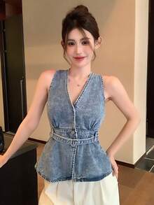 DAZY 女士V领韩版做旧牛仔休闲衬衫 - 藍色 - 查看 4