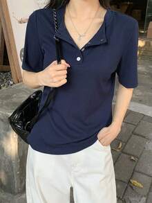 DAZY Áo thun tay ngắn dáng suông, màu trơn, cổ bẻ nửa thân, thích hợp mặc đi làm, mùa xuân/hè. - Màu xanh hải quân - Xem 6