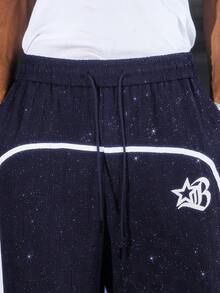 PAVTROS 男士字母图案撞色滚边抽绳腰带裤 男士宽松运动嘻哈裤 男士阔腿侧条纹健身裤 街头风裤子 - 藏蓝色 - 查看 5