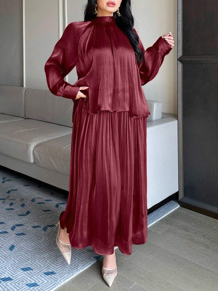 Dazy Plus Elegant Plus Size Women's Spring/Summer 2-Piece Set: Chiffon Tie-Neck Loose Long Sleeve Top And A-Line Skirt