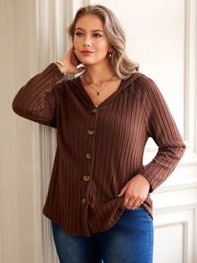 EMERY ROSE Plus Size Chocolate Brown Rib-Knit T-Shirt With Hooded Neckline,Long Raglan Sleeves,Button Detail Top Everyday Smart Casual Silky Autumn White Fall - Brown - View 2