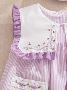 Souflis Souflis Baby Girl Striped Print Frill Trim Dual Pocket Dress - Purple - View 9