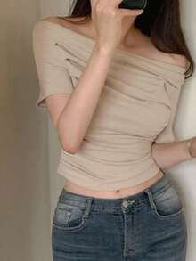 DAZY Women's Solid Color Off-Shoulder Pleated Fitted Short Sleeve T-Shirt, Spring/Summer - Apricot - View 2