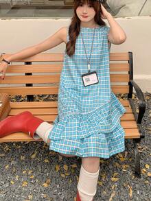 K-Vae Women's Summer Korean Retro Plaid Sleeveless Dress, Ruffle Hem Asymmetrical Tank Dress, Loose Fit Slimming Mid-Length Dress - Multicolor - View 6