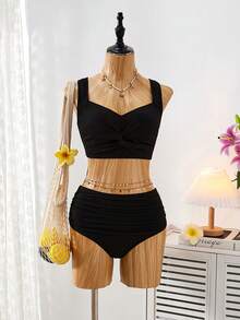 Costavie 女士沙滩度假纹理面料交叉褶皱设计泳衣套装 - 黑色 - 查看 5