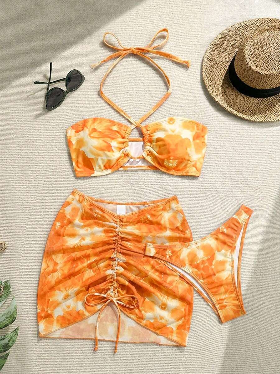 Soleia Women's Floral Print Halter Neck Bikini Set With Sarong Skirt - Orange - View 1