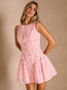 Enchnt 女士无袖收腰刺绣A字迷你连衣裙 - 粉色 - 查看 5