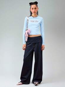 COUREZ Baggy Jeans With Bow Tie Waistband /Y2K Low Rise Jeans Fall Women Clothes Fall Clothes Going Out Outfits Low Waist Jeans - Navy Blue - View 2