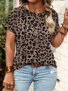 EMERY ROSE New Leopard Print V-Neck Short Sleeve Plus Size T-Shirt, Popular For Women In Spring/Summer - Multicolor - View 3