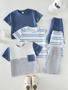 SHEIN 6件套儿童夏季服装，男童舒适休闲金属项链装饰圆领短袖T恤上衣，短裤2件套，高性价比套装，适合户外玩耍、街拍、派对、居家休闲等场合。 - 藍色 - 查看 4