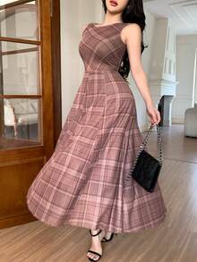 DAZY 女士优雅印花圆领无袖不对称中长连衣裙，夏季 - 棕色 - 查看 9