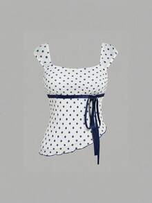 SHEIN MOD 大码女式波点短袖不对称下摆上衣 - 藏蓝色 - 查看 1