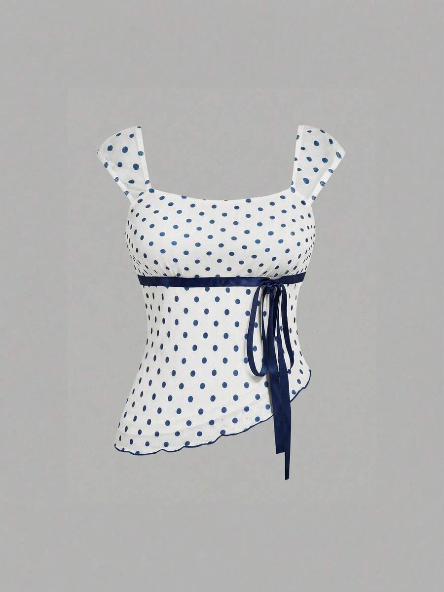 SHEIN MOD 大码女式波点短袖不对称下摆上衣 - 藏蓝色 - 查看 1