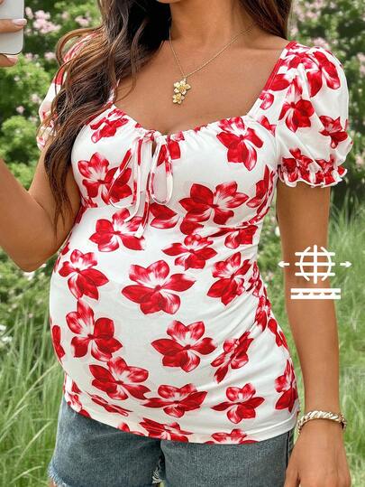 SHEIN Red Floral Print U-Neck Tie-Up Puff Sleeve Casual Maternity T-Shirt, Summer Style.
Vacation Casual Maternity T-Shirt, Slim Fit And Comfortable.