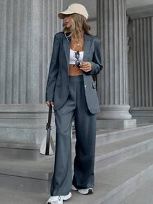 Aveloria Modichic Conjunto de 2 piezas con blazer de talle medio ajustado y pantalones acampanados para mujer - Azul - Ver 6