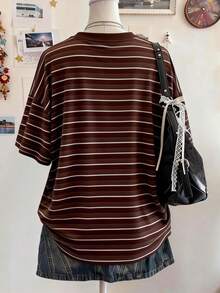 Lalippa Kaos Wanita Kasual Longgar Lengan Sedang Leher Bulat Bahu Jatuh Motif Garis Kopi Digital, Ukuran Sedang, Hadiah untuk Teman - MultiWarna - View 2