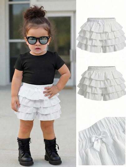 SHEIN 女婴纯色荷叶边休闲半身裙