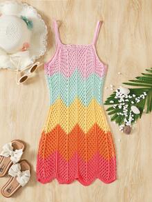 SHEIN Tween Girl Patchwork Hollow Out Casual Beach Cover Up Slip Dress - Multicolor - View 2