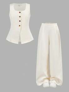 Firerie Kids Tween Girls' Casual Elegant Commute Street Fashion Jacquard Striped Button-Front Sleeveless Vest Top And Straight Leg Pants Set - Khaki - View 2