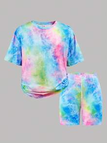 少女休闲日常街头风扎染宽松T恤和打底裤两件套 - 彩色 - 查看 7