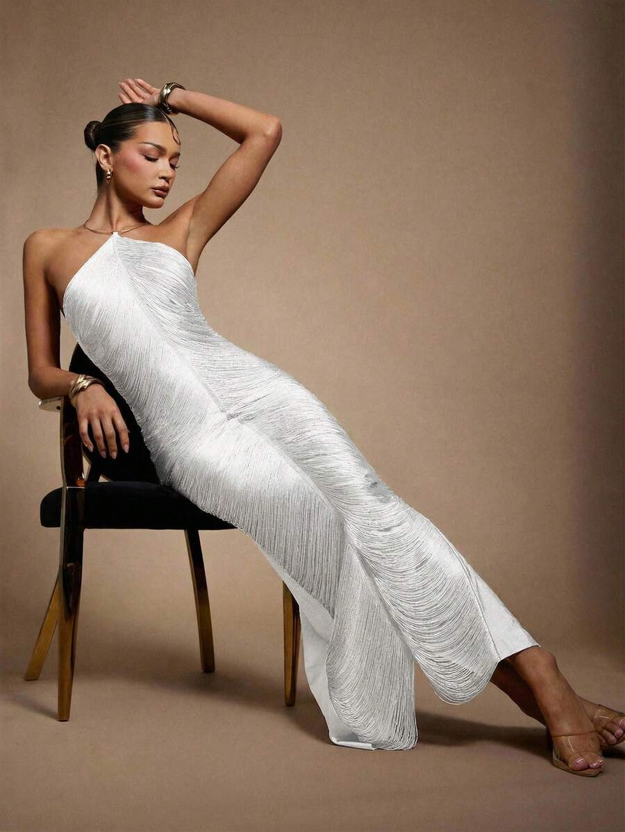 Hauture Đầm dự tiệc gợi cảm dành cho nữ với tua rua treo và trang trí kim loại vàng. - trắng - Xem 1