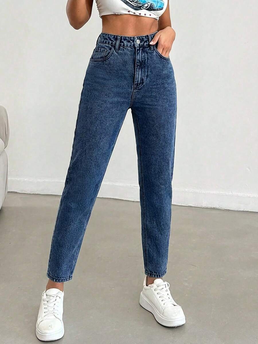 EURMUSE 女士高腰口袋锥形休闲百搭牛仔裤 - 寶藍色 - 查看 1