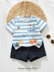 Cozy Pixies 2pcs Baby Boy Cartoon Blue White Stripe Cotton Set,Cute Summer Short Sleeve T-Shirt And Elastic Waist Shorts,Toddler Vacation Holiday Beach Outfit - Multicolor - View 6