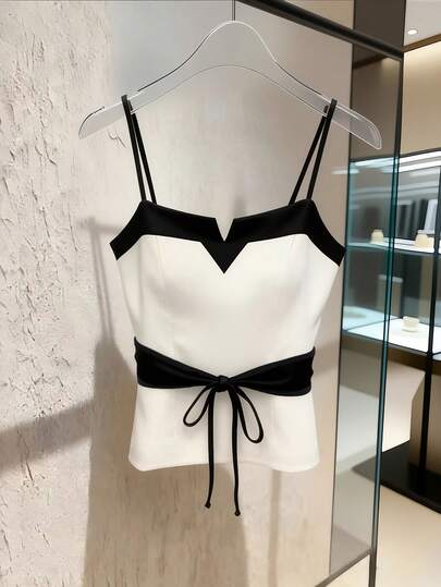 GlowEve 新款系带吊带背心，撞色拼接短款修身弹力无袖上衣，优雅V领吊带背心
