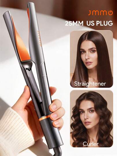JMMO 二合一卷发直发器，弧形设计 | 可旋转卷发棒，打造卷曲波浪直发，速热直发造型器，负离子直发器，打造柔顺卷发和亮泽直发效果，适用于美妆美发沙龙 - 美规插头