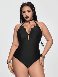 ROMWE 2026 New Plus Size One-Piece Gothic Style Steel Bra Sexy Swimsuit With Adjustable Straps, Summer - Black - View 4