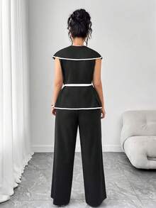 Elenzga Áo thun chữ A cổ tròn không tay, dáng rộng, chất liệu vải dệt màu thời trang xuân/hè cỡ lớn dành cho nữ, kết hợp với quần ống đứng, thoải mái và đa năng, thích hợp mặc thường ngày, dự tiệc, ở nhà, đi làm, bộ 2 món - màu đen - Xem 2