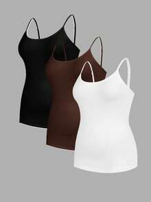 SHEIN Essnce Plus Size Women's Casual Comfortable Base Long Camisole Black Chocolate Brown 3 Packs,Summer Women Clothes,Curv Tops,Cami Top Evening Formal - Multicolor - View 7