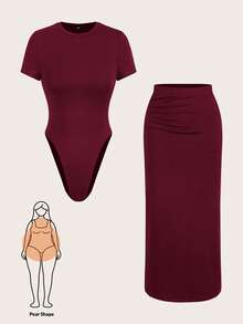 SHEIN Essnce Plsize 女士休闲两件套，针织套装，连体裤和半身裙套装，夏季两件套，休闲女装，黑色正式连衣裙，女士绷带连衣裙夏季套装 - 酒紅色 - 查看 1