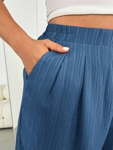 Shapeblank Pantalon large rose à taille élastique en tissu texturé, confortable et ample, pour femmes grandes tailles. Pantalon ample, style simple, européen, d'été, 7/8, pour vacances - Bleu azur - Voir 6