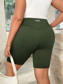 SHEIN Essnce Quần short đạp xe nữ cỡ lớn, kiểu dáng thường ngày, cạp chun, màu đen, thích hợp cho mùa hè. - xanh quân đội - Xem 5