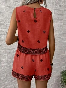 SHEIN LUNE Women's Summer Vacation Graphic Print Tank Top And Shorts 2 Pieces Set - Red - View 2