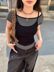 DAZY 女士叠层系带露背短袖T恤，时尚性感修身两件套百搭上衣 - 深灰色 - 查看 8