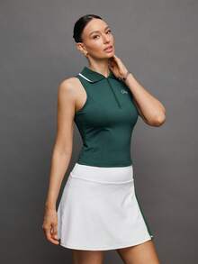 Activina Women's Letter Print Zip-Up Sleeveless Sports Polo Shirt - Dark Green - View 5