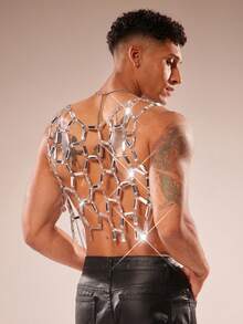 FeverCity Men's Hollow Out Rhinestone Patchwork Tank Top - Silver - View 2