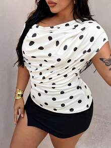 Rustia Plus Size Polka Dot Scoop Neck Sleeveless T-Shirt, Spring/Summer - Black and White - View 3