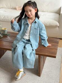 Dazy Kids 年轻女孩落肩长袖单排扣牛仔衬衫搭配牛仔裤休闲装 - 藍色 - 查看 5