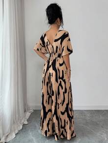 Elenzga 女士夏季海岛椰树日落暖沙笔触V领收腰阔腿连体裤，度假必备 - 咖啡棕 - 查看 2