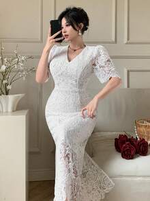 DAZY Đầm trắng dài ngang gối thanh lịch dành cho nữ, cổ chữ V, tay phồng, chất liệu ren, thích hợp cho mùa hè, dự tiệc cưới, váy hè. - trắng - Xem 6