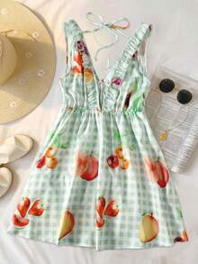 Selianne Women's Plaid & Fruit Print Ruffle Hem Sleeveless Mini Dress - Army Green - View 2