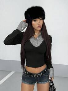 StreetHx 街头风女式撞色拼接针织长袖衬衫 - 灰色 - 查看 4