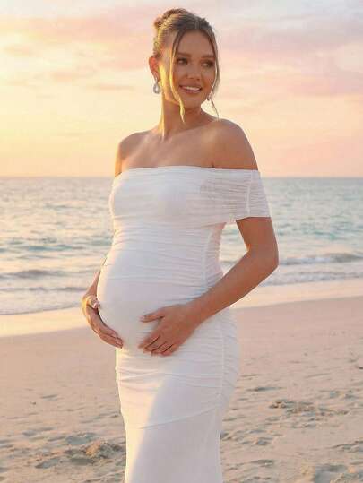 Loomaby 孕妇纯色露肩褶皱修身优雅连衣裙