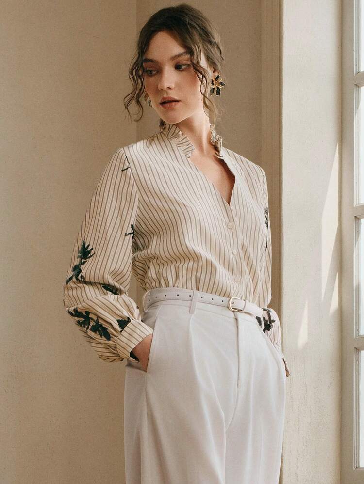 Modern Fashion Women's Frill Beaded Embroidered Striped Shirt, Elegant Lady's Blouse For Work And Daily Commute